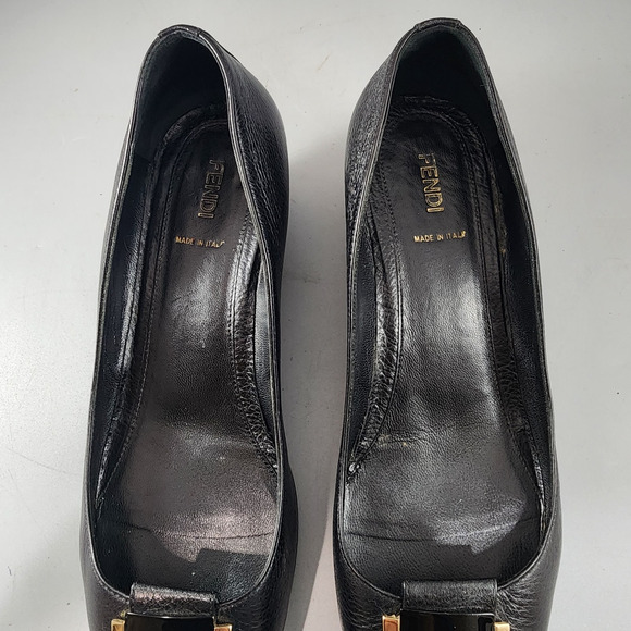 Fendi Black Leather Wedge Pumps Gold Logo Accent - IT Size 40 - US Size 10 - Picture 7 of 13